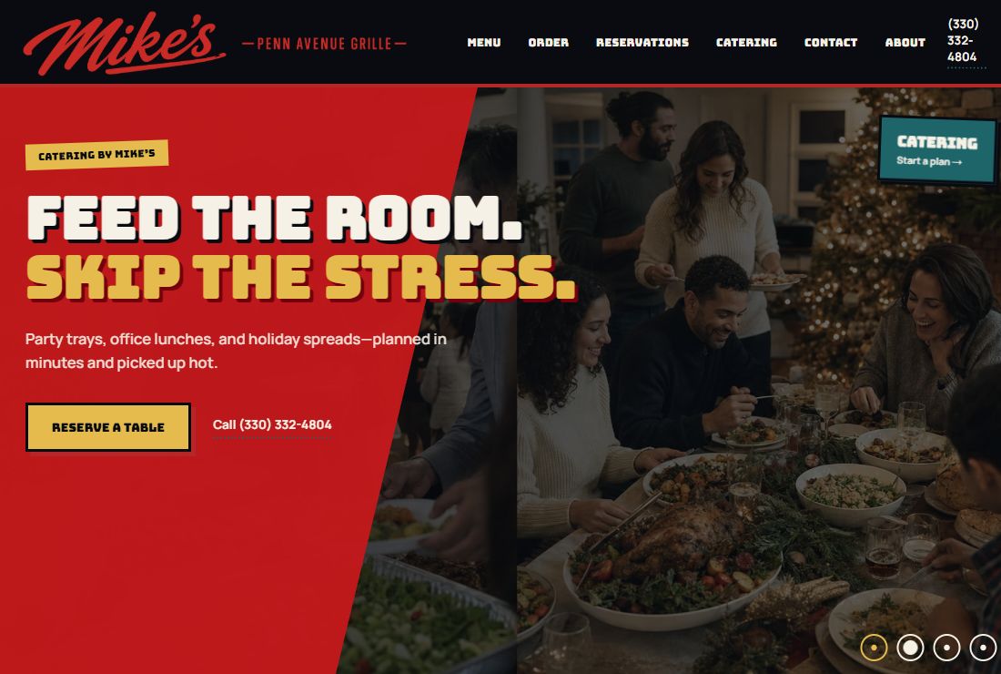 Mike’s Penn Grille website with its red and black design and catering photography